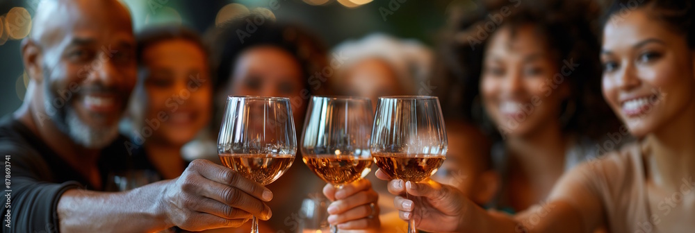 Obraz premium A diverse group of people toasting with wine glasses at a festive gathering. Concept for celebration and togetherness