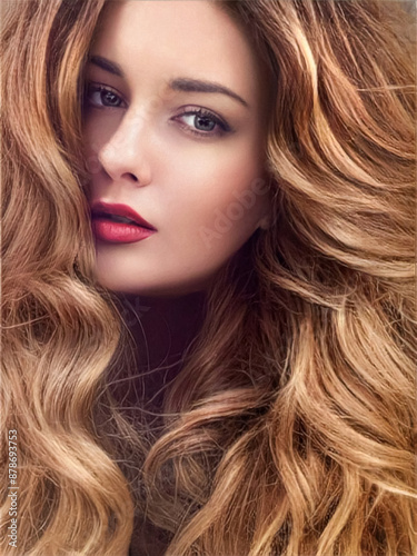 Beautiful modern woman with volume hairstyle, long luxurious hair and beauty makeup, glamorous look face portrait for luxury fashion and natural cosmetics idea