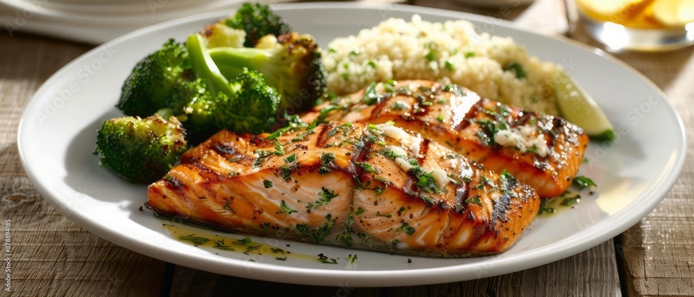 Grilled salmon, seasoned with herbs and served with steamed broccoli and quinoa, offers a delicious and balanced dinner option Grilled salmon, seasoned with herbs and served with steamed broccoli and quinoa, offers a delicious and balanced dinner option