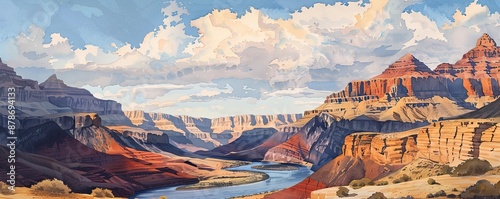 Majestic Grand Canyon: Watercolor Landscape of Layered Rock Formations and River