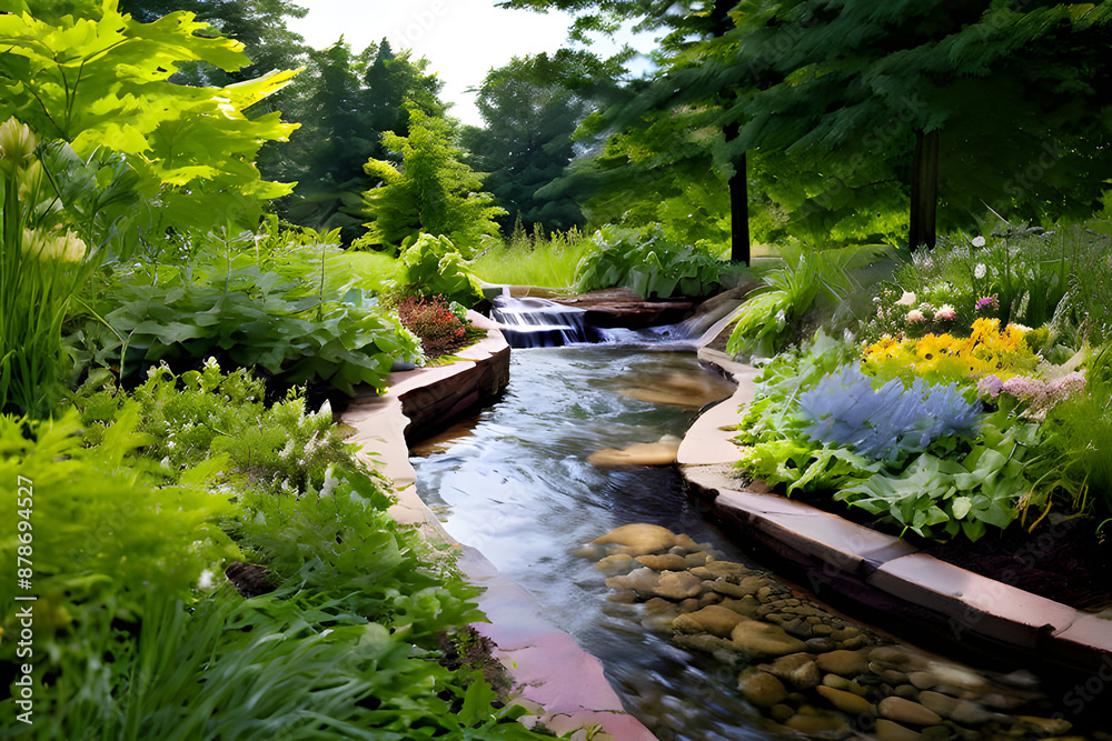 A vibrant rain garden thrives, water flowing through lush greenery. Colorful wildflowers and grasses create a natural oasis, showcasing sustainable water management in action. A vibrant rain garden thrives, water flowing through lush greenery. Colorful wildflowers and grasses create a natural oasis, showcasing sustainable water management in action.