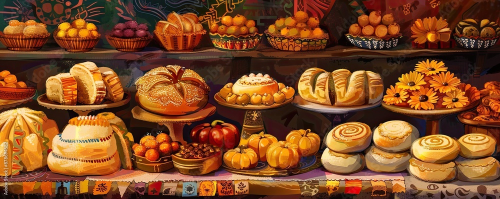 Vibrant Mexican Sweet Bread Display for Dia de los Muertos Celebration in Watercolor Style Vibrant Mexican Sweet Bread Display for Dia de los Muertos Celebration in Watercolor Style
