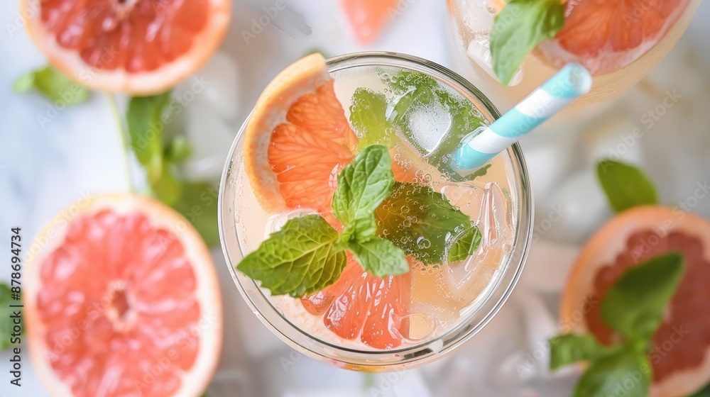 A glass of refreshing grapefruit drink with mint leaves and ice, topped with a blue and white striped straw A glass of refreshing grapefruit drink with mint leaves and ice, topped with a blue and white striped straw
