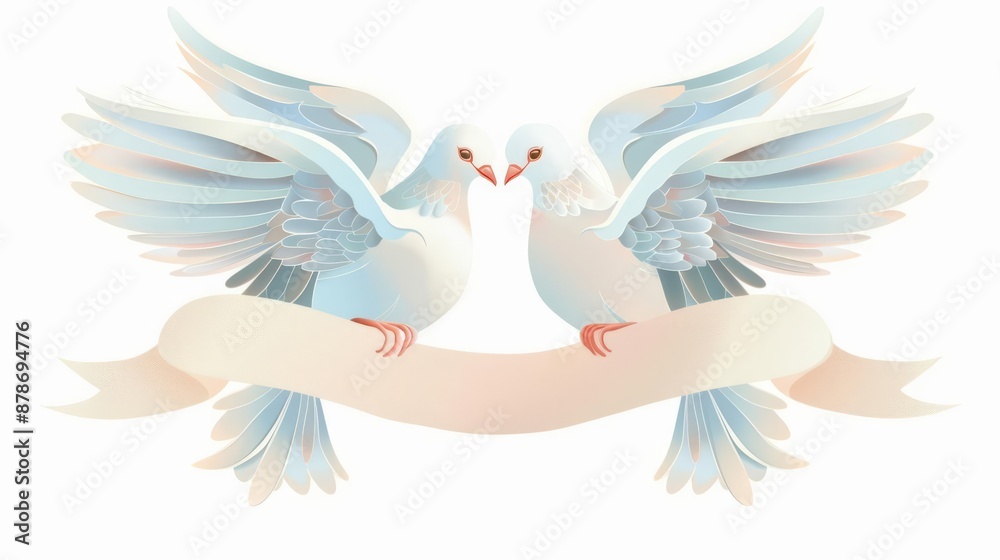Obraz premium a pair of doves, wedding element, illustration, holding a ribbon, isolated on white background