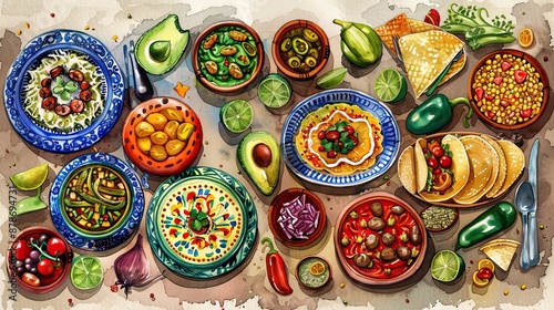 Vibrant Dia de los Muertos Watercolor Illustration of a Traditional Mexican Meal © Naraksad