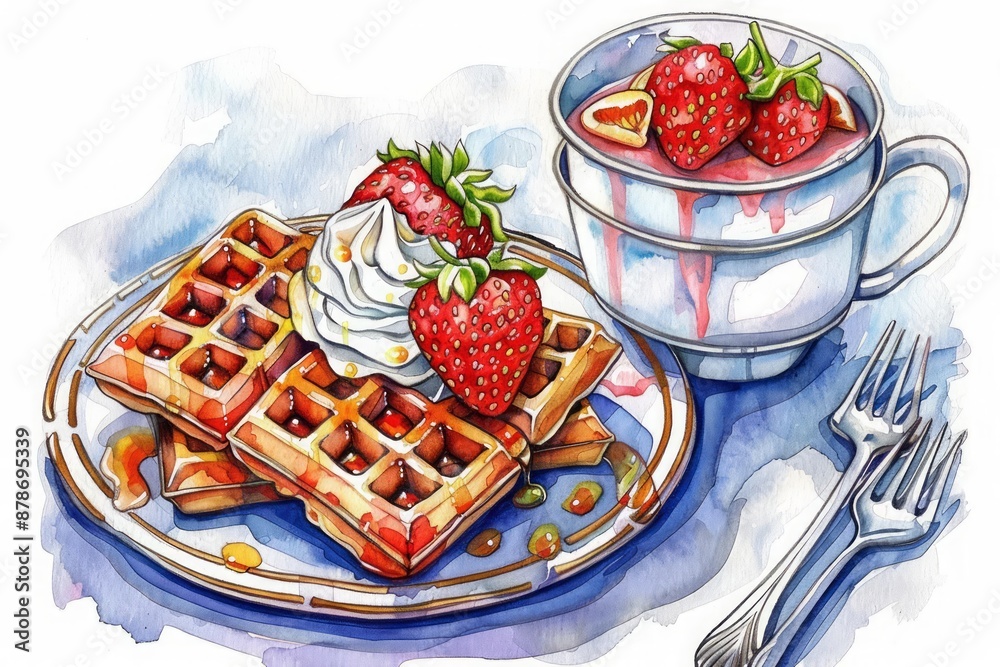 Watercolor of a vibrant breakfast table with waffles, strawberries, and ...