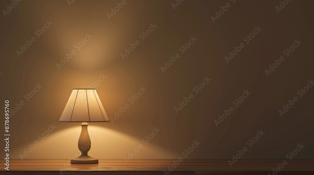 Luminous lamp on wood surface by beige wall in dim space Luminous lamp on wood surface by beige wall in dim space