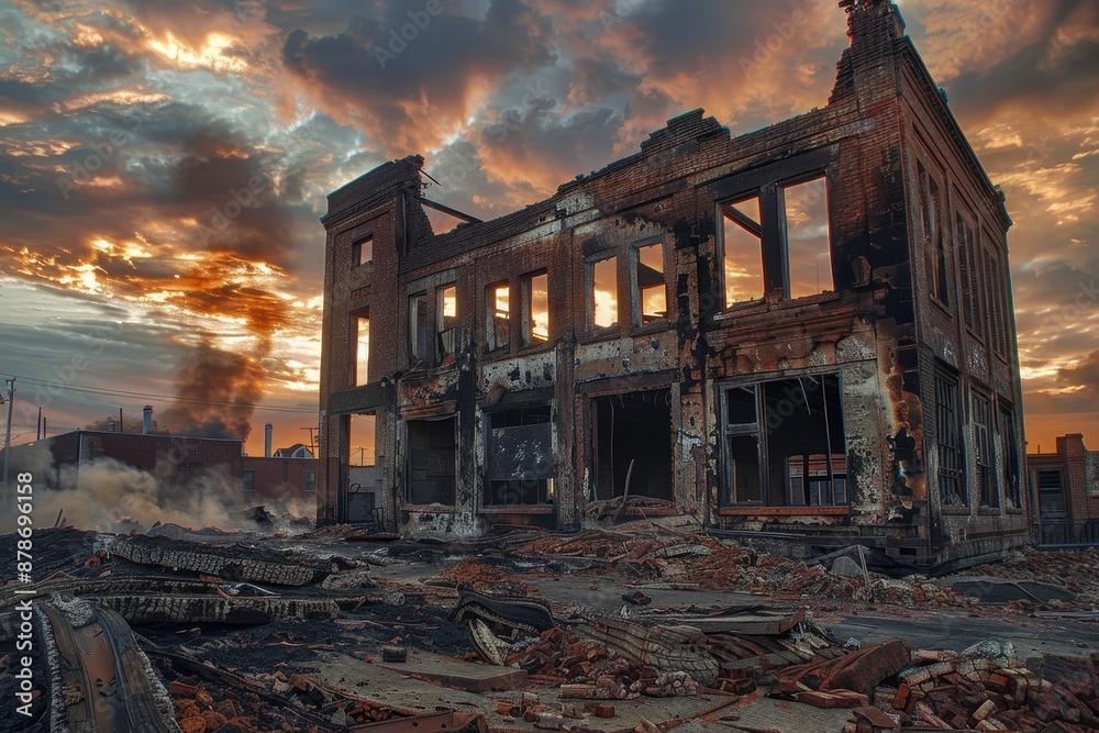 A building extensively damaged by fire, with billowing smoke emerging from the charred structure, Charred remnants of a once vibrant building A building extensively damaged by fire, with billowing smoke emerging from the charred structure, Charred remnants of a once vibrant building