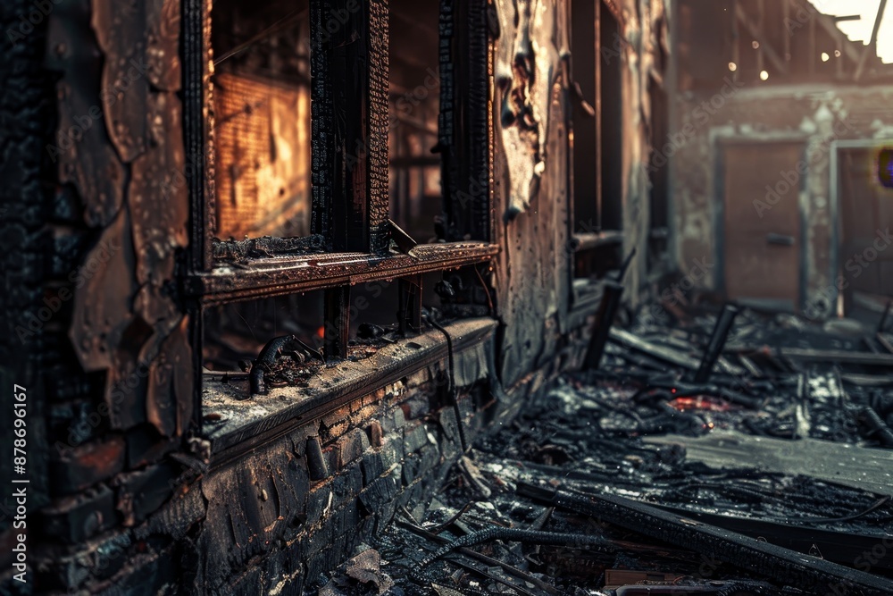 Charred remnants of a building with a broken window, showing the aftermath of a fire, Charred remnants of a once vibrant building Charred remnants of a building with a broken window, showing the aftermath of a fire, Charred remnants of a once vibrant building
