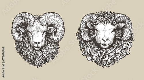 Sheep, ram sketch style set. Hand drawn illustrations, portrait view. Farm animal retro engraved style vector drawings collection.