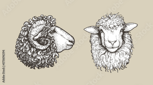 Sheep, ram sketch style set. Hand drawn illustrations, portrait view. Farm animal retro engraved style vector drawings collection.