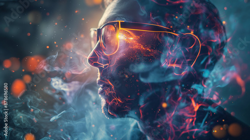 Denkprozess Brillenmode mit Feuer und Flamme Lichtspuren um eine Brille mit Rauch und Nebel Portrait eines Mannes mit auffälliger Brille Brillenmode Generative AI photo