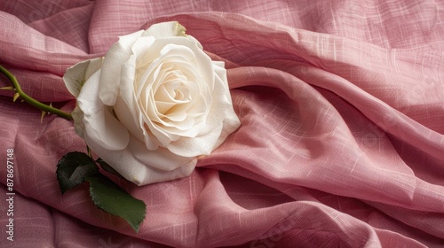 Pink linen background with white rose for greeting card with love theme