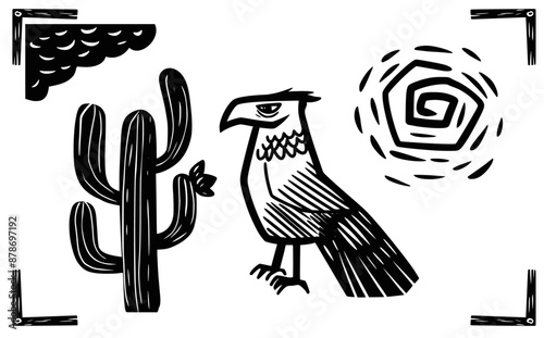 Carcara, a hawk from northeastern Brazil, with a cactus and the sun in the background. woodcut style photo