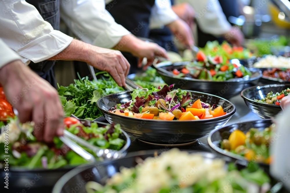 Close-up view of various bowls filled with food arranged neatly on a table by chefs preparing a gourmet salad, Chefs preparing a gourmet salad with a variety of toppings Close-up view of various bowls filled with food arranged neatly on a table by chefs preparing a gourmet salad, Chefs preparing a gourmet salad with a variety of toppings