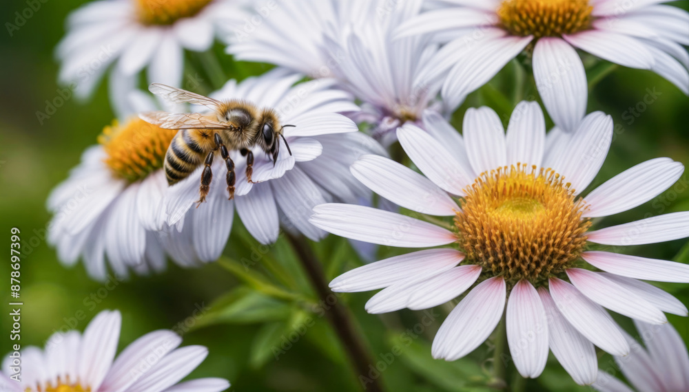 little bee with unfolded wings sits on a daisy flower and enjoys the sunshine. in the bokeh background deep green grass of a spring meadow, beautiful amazing nature little bee with unfolded wings sits on a daisy flower and enjoys the sunshine. in the bokeh background deep green grass of a spring meadow, beautiful amazing nature