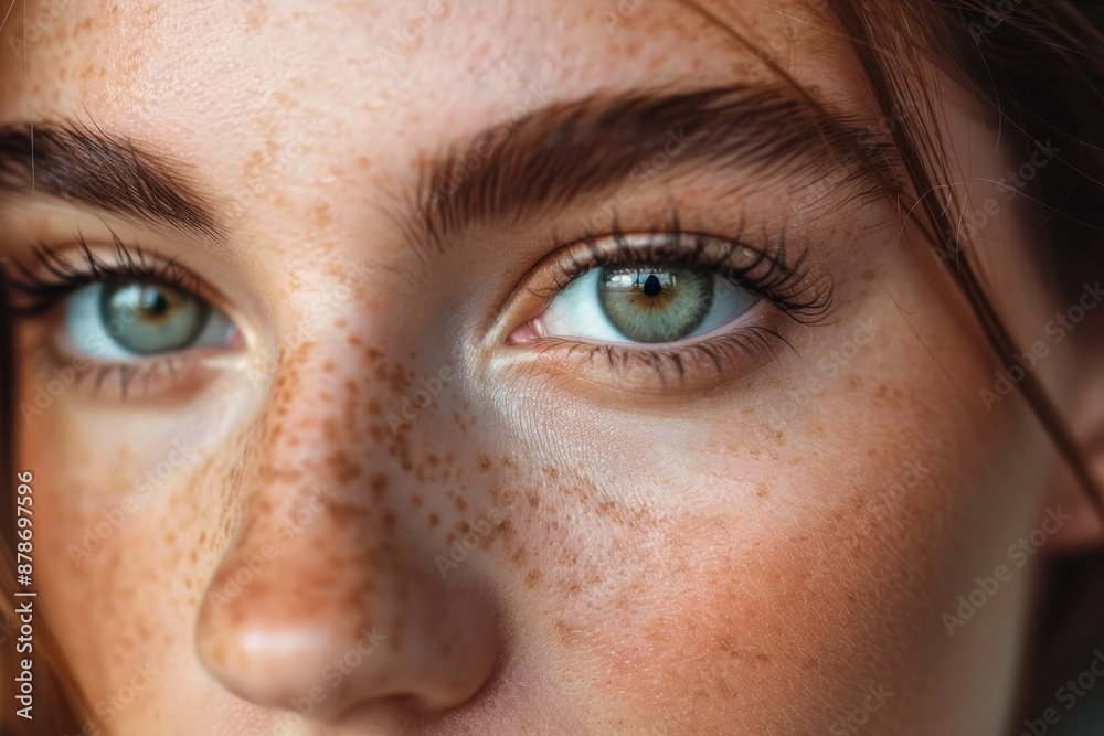A woman with freckles on her face is shown up close, Chemical peel to improve skin texture and tone