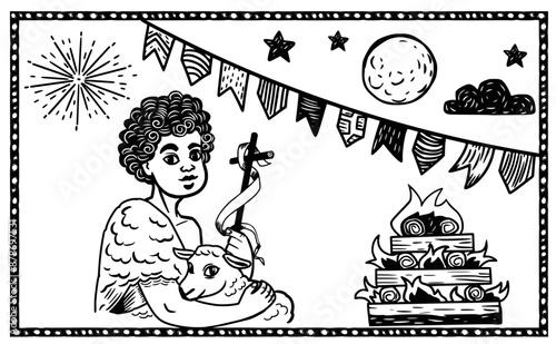 São João em um cenário de festa junina. estilo xilogravura.