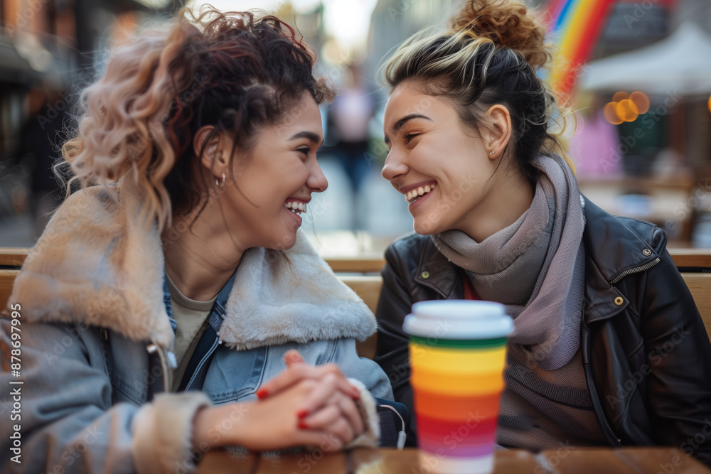Fototapeta premium Joyful Young Women Celebrating LGBTQ+ Pride with Rainbow Flag and Coffee