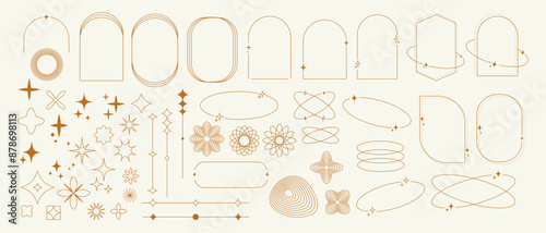 Set of boho geometric shapes in trendy retro style. Minimal Y2k aesthetic. Modern minimalist arch frame with sparkles. Trendy design elements for banners, social media, poster design, packaging.