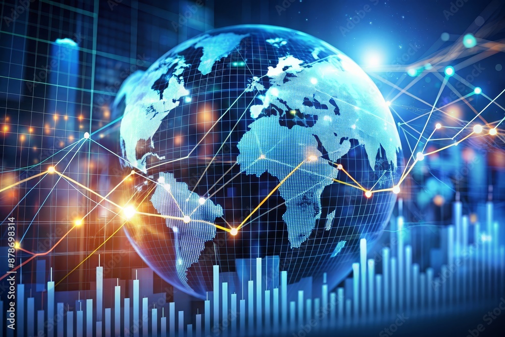 Global Stock Market and Economic Growth - A vibrant illustration of a globe surrounded by financial charts and graphs representing global stock market trends and economic growth. Global Stock Market and Economic Growth - A vibrant illustration of a globe surrounded by financial charts and graphs representing global stock market trends and economic growth.