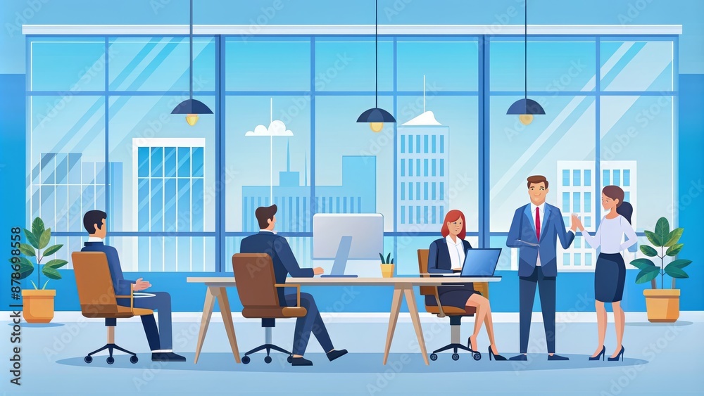 Business Meeting in Modern Office - A group of business professionals in a modern office, discussing plans and collaborating on a project. Business Meeting in Modern Office - A group of business professionals in a modern office, discussing plans and collaborating on a project.