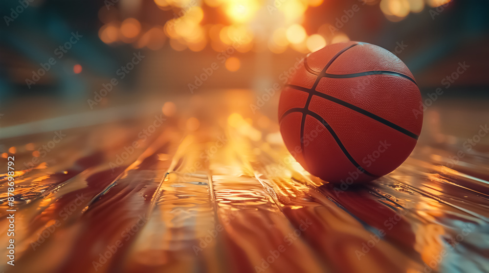A basketball sits on a glossy court with warm, glowing lights in the background, evoking the excitement of a game about to begin. high quality A basketball sits on a glossy court with warm, glowing lights in the background, evoking the excitement of a game about to begin. high quality