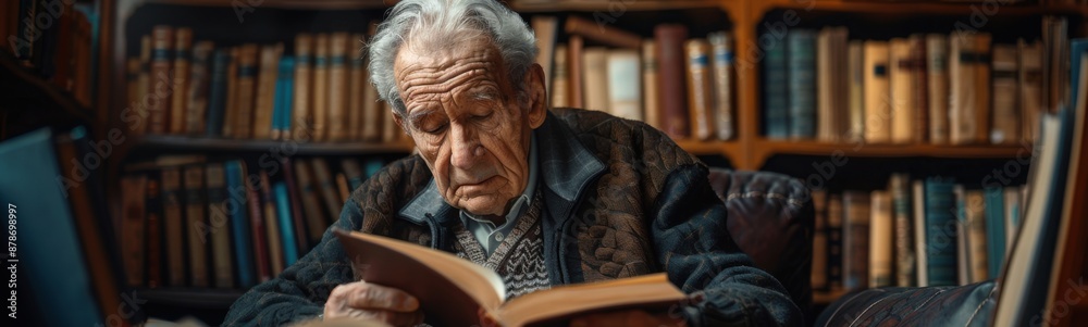 Older man reading a book in a library with bookshelves Older man reading a book in a library with bookshelves