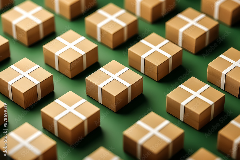 A grid of small, neatly wrapped brown packages with white ribbons on a green background, representing shipping, delivery, or gifts. high quality A grid of small, neatly wrapped brown packages with white ribbons on a green background, representing shipping, delivery, or gifts. high quality