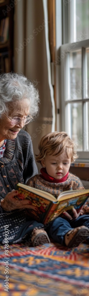 Older woman reading a book to a young boy sitting on a bed Older woman reading a book to a young boy sitting on a bed