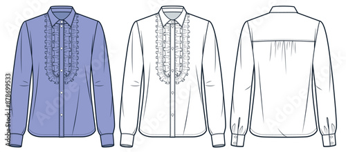 Ruffled Blouse technical fashion Illustration. Collar Shirt fashion flat technical drawing template, cuff long sleeve, button down, front and back view, white, violet, women CAD mockup set.
