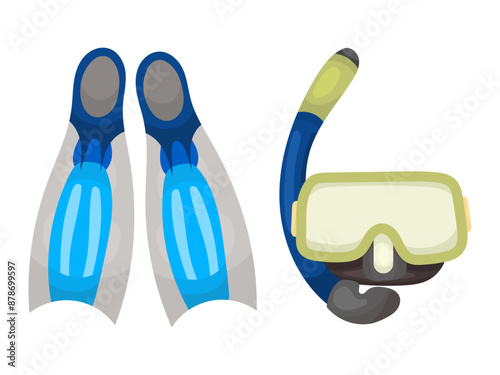 Scuba gear and fins for diving in flat style. Theme swimming activity diving illustration.