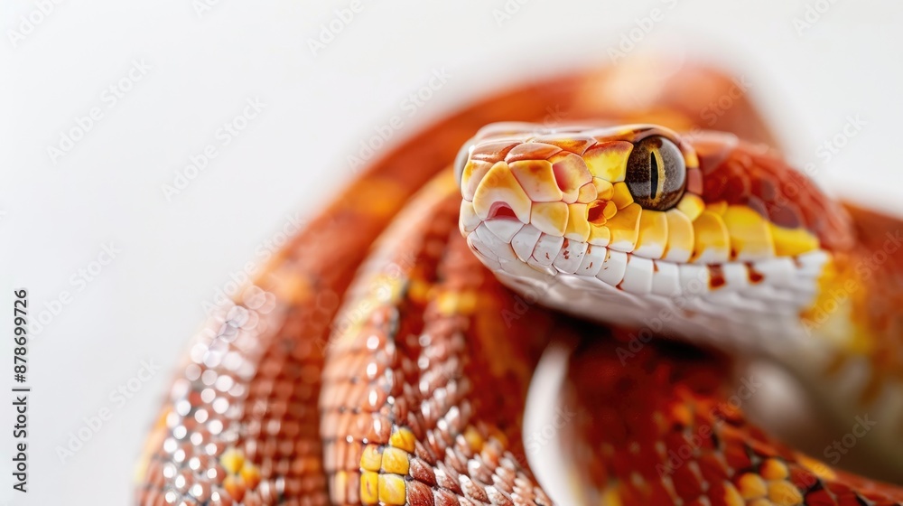 Fototapeta premium Corn snake with striped pattern on white backdrop