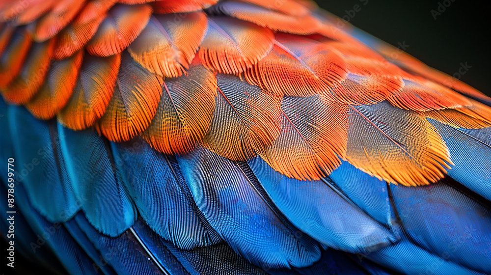 Fototapeta premium wide background image of beautiful smooth finished natural bird feather texture with colorful and vibrant colour tones