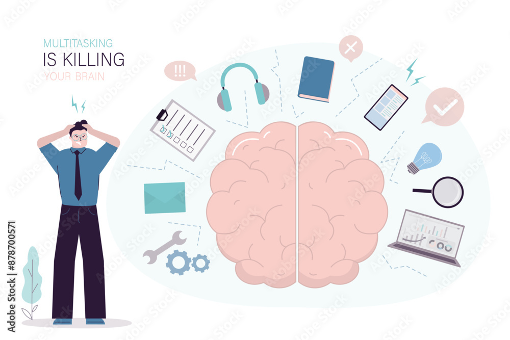 Multitasking is killing your brain. Tired businessman thinking about many tasks at same time. Burnout, emotional stress, overload brain. Multitasking is killing your brain. Tired businessman thinking about many tasks at same time. Burnout, emotional stress, overload brain.