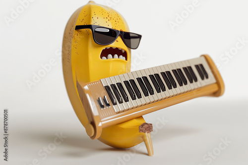 Animated banana playing a keyboard with a humorous expression