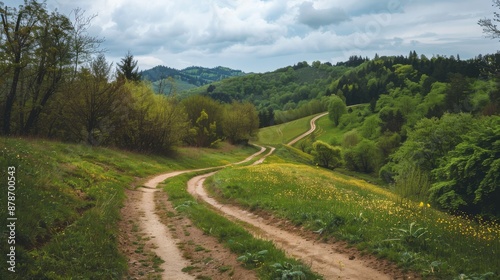 Popular mountain bike route on hilly terrain through winding countryside dirt roads in forest areas with tire tracks spring blooms vegetation on a cloudy day remote cycling route seasonal o