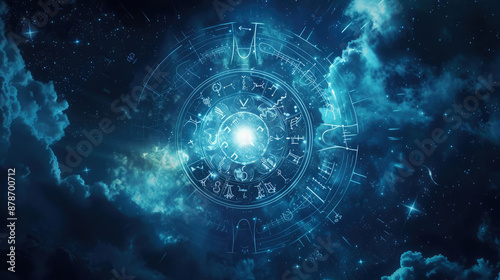 Astrological signs on glowing circle in dark blue sky, abstract Zodiac wheel with stars in space. Concept of astrology, horoscope, background and time.