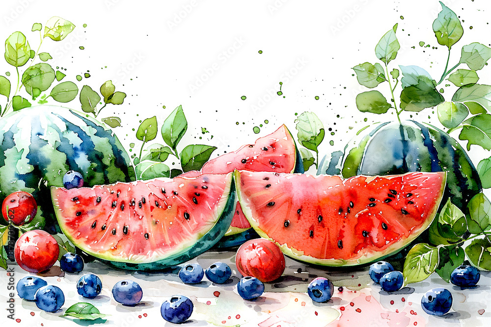 Watercolor illustration of a still life with slices of watermelon, blueberries and plums Watercolor illustration of a still life with slices of watermelon, blueberries and plums