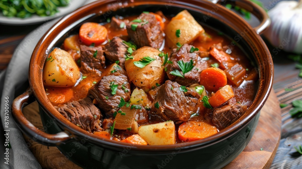 A pot of beef stew with carrots and potatoes, garnished with parsley A pot of beef stew with carrots and potatoes, garnished with parsley