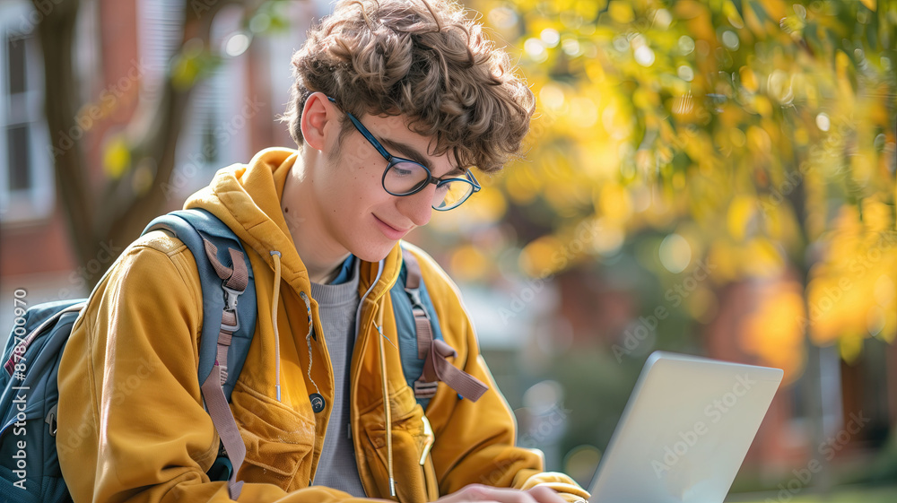 Fototapeta premium Young Male Student with Glasses Studying Outdoors with Laptop