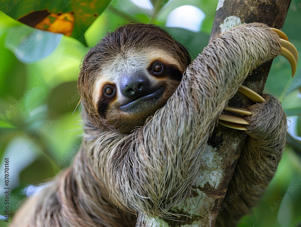 Adorable Sloth Clinging to a Tree in a Lush Forest Adorable Sloth Clinging to a Tree in a Lush Forest