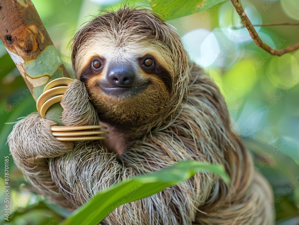 Fototapeta premium Adorable Sloth Clinging to a Tree Branch in a Lush Green Forest