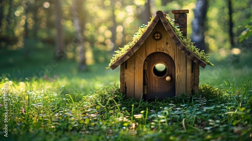 Enchanting Wooden Birdhouse in a Sunlit Forest Clearing © Cris