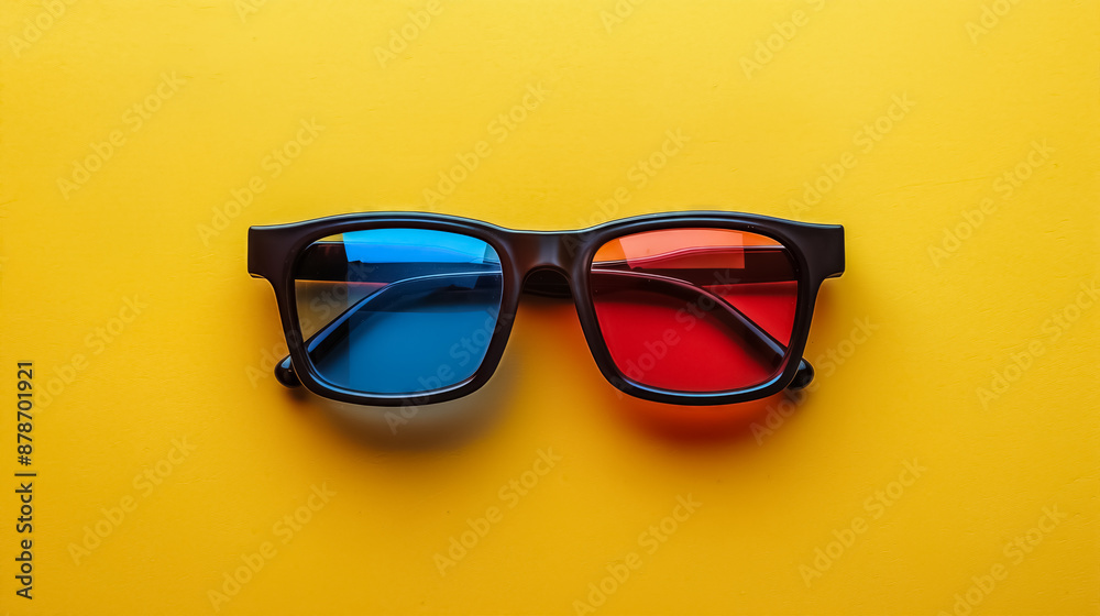 Black 3D glasses with red and blue lenses on a vibrant yellow background, perfect for cinema or virtual reality themes. high quality Black 3D glasses with red and blue lenses on a vibrant yellow background, perfect for cinema or virtual reality themes. high quality