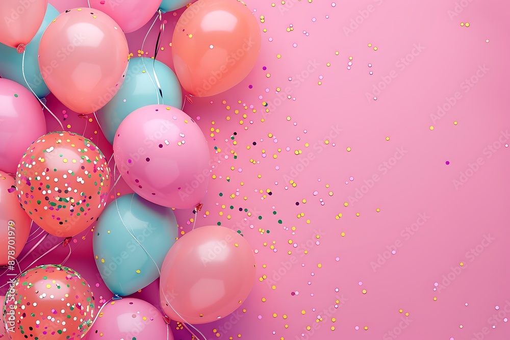 Festive pink background with scattered balloons and confetti for a celebration or party, top view. Space for text. Festive pink background with scattered balloons and confetti for a celebration or party, top view. Space for text.