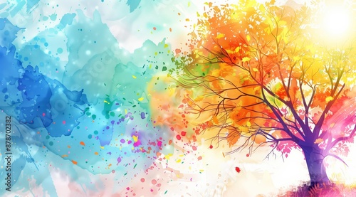 Colorful watercolor tree illustration blending with abstract paint splashes, symbolizing nature, creativity, and seasonal transformation
