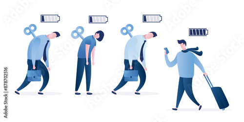 Tired employees with low battery go to work, corporate slavery. Happy man with luggage rushing on vacation. Annual leave. Smart freelancer and unhappy office workers