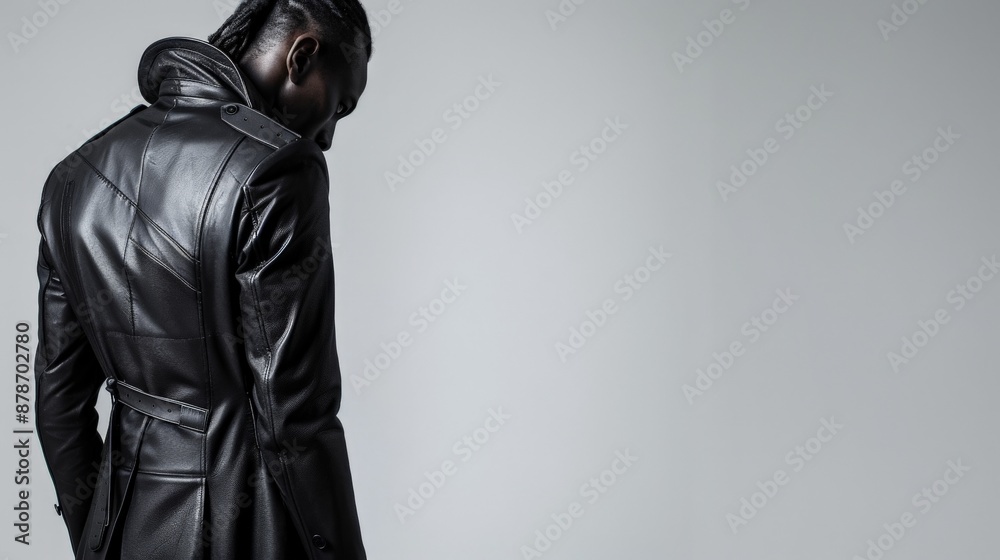 A man in a black leather jacket stands with his head down A man in a black leather jacket stands with his head down