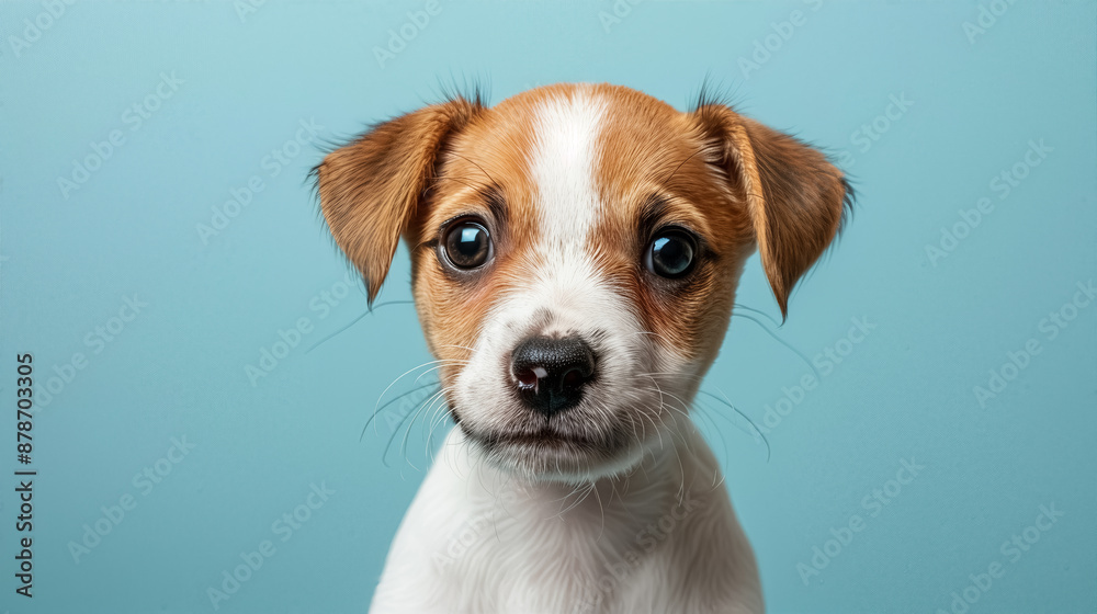 Close-up of an adorable puppy with curious eyes against a blue background, capturing cute and innocent puppy expression. high quality Close-up of an adorable puppy with curious eyes against a blue background, capturing cute and innocent puppy expression. high quality